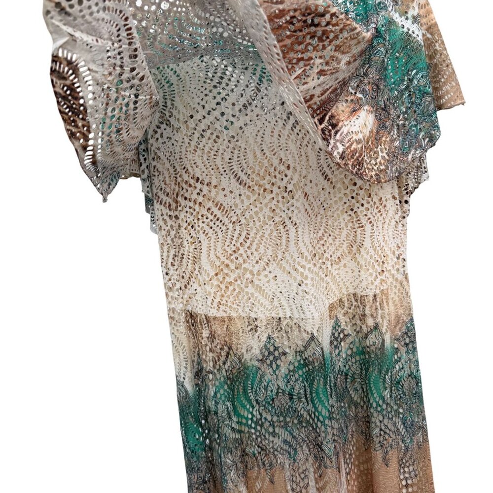 Boho Chic Perforated Maxi Dress XL Green Cream Beige Prairie Hippie Flowy Long - Picture 4 of 7